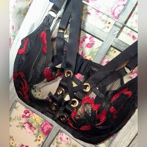 Honey Birdette Black and Red Embroidered Bra